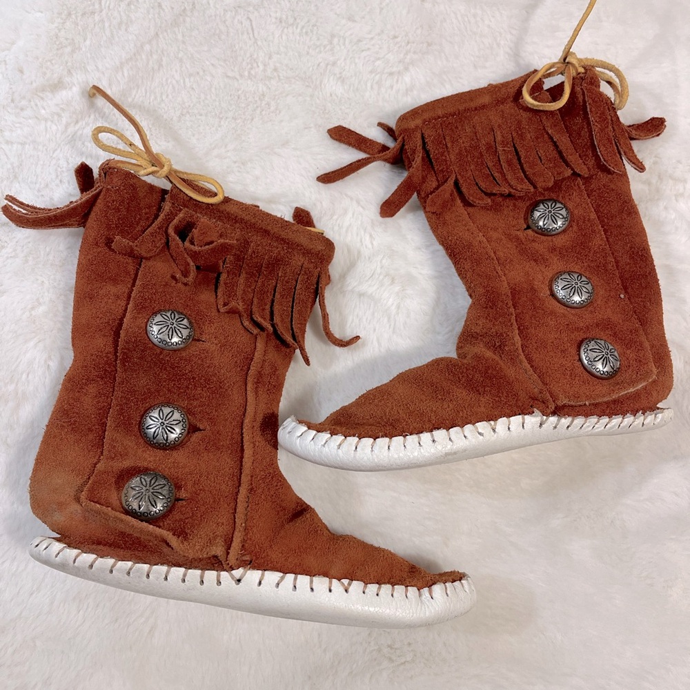 Taos Vintage Rust Brown White Leather Kids Moccasin Fringe Boots Size 12